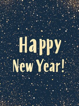'Happy New Year!' Typography with Gold Sparkles on Navy Blue Background. Modern New Year Card Template