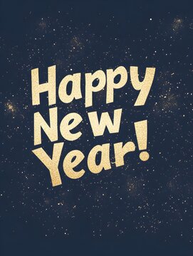 'Happy New Year!' Typography with Gold Sparkles on Navy Blue Background. Modern New Year Card Template