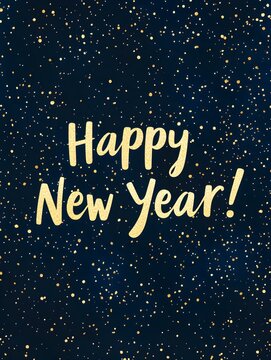 'Happy New Year!' Typography with Gold Sparkles on Navy Blue Background. Modern New Year Card Template