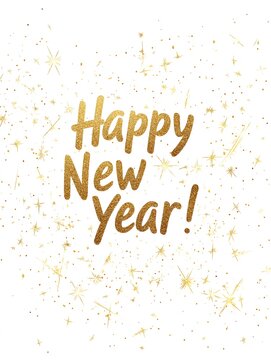 'Happy New Year!' Typography with Gold Sparkles on White Background. Modern New Year Card Template