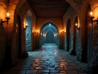 Secret passages in the Winding Corridors leading into the unknown, with torches on the walls and old wooden doors