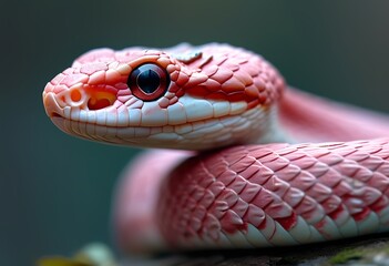 A close-up of a pink and white snake with striking black eyes