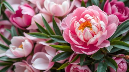 Fototapeta premium Pink peony flower background with soft pastel colors, delicate petals, and lush green leaves, green, petals, colors