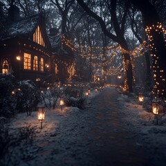 Snowy path, winter village, illuminated houses, fairy lights, lanterns.
