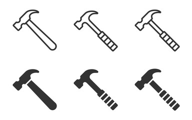 Set of hammer tool icons in outline and filled styles.