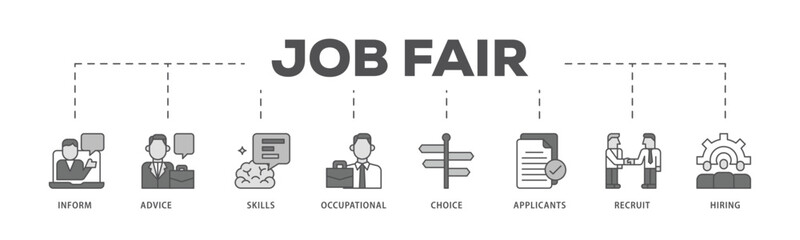 Job fair infographic icon flow process which consists of the information, advice, skills, occupational, applicants, recruit, and hiring icon live stroke and easy to edit .