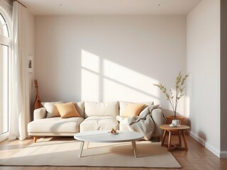 Naklejka premium Scandinavian-inspired apartment interior featuring a cozy and comfortable couch, lifestyle, simple, comfortable