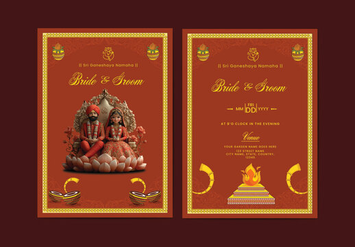 Fully editable, Hindu Wedding Invitation Card Design with 3D Render Image of a Cute Bride and Groom, and Place Holder for the Details. 