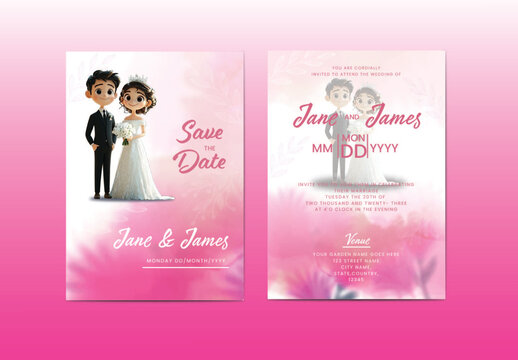 Fully editable, Christian Wedding Invitation Card Design with 3D Render Image of a Cute Bride and Groom, and Place Holder for the Details. 