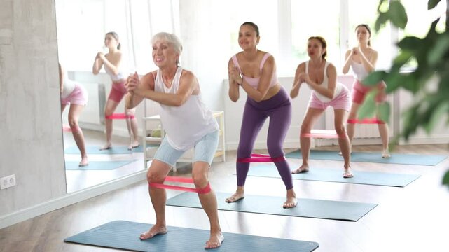 Group of women standing on mats and doing stretch exercises with resistance bands. High quality 4k footage