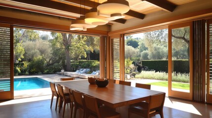 Fototapeta premium Sunlit dining room with pool view and sliding doors.
