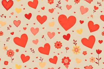 Fototapeta premium Hearts and Flowers Seamless Pattern: A whimsical and charming pattern featuring a delicate arrangement of red hearts and colorful flowers, perfect for crafting, scrapbooking.
