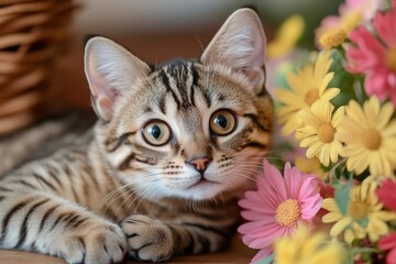 Obraz premium A cat is laying on a table next to a bouquet of flowers