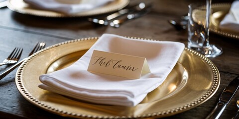 Elegant wedding place setting featuring a gold charger, white linen napkin and a name card with "Mr. Smith" for the guest, perfect for celebrating a joyous and memorable occasion.