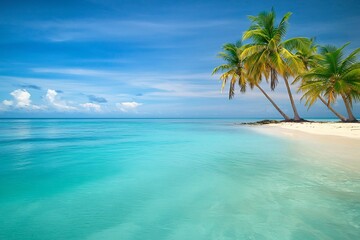 Serene Tropical Beach with Swaying Palm Trees and Crystal Clear Turquoise Waters