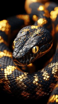 A close-up of an ochre and black snake with golden eyes