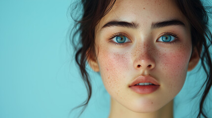 Fototapeta premium Banner with copy space, Asian teenager with problematic skin, cosmetology, woman acne, dermatology treatment