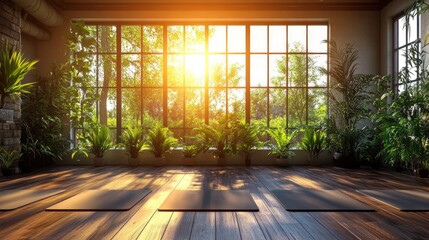 Serene Yoga Studio with Sunlight Streaming Through Large Windows
