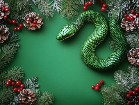 Christmas tree branches, red berries and garlands and a green snake