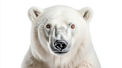A striking polar bear stands in front of a plain background, displaying its magnificent white fur and piercing gaze, evoking a sense of wonder about the Arctic environment.