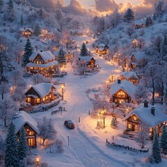 A picturesque winter village scene illuminated by warm lights amidst a snowy landscape.