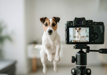 Fototapeta na wymiar Jack russell terrier jumping in front of a camera set on a tripod, capturing its playful energy