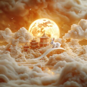 White rabbit under the moon in a Chinese building, mid-autumn festival, auspicious clouds, heavenly palace, rabbit