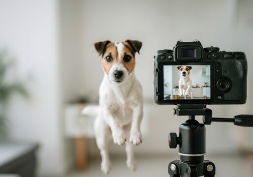 Jack russell terrier jumping in front of a camera set on a tripod, capturing its playful energy