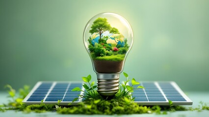 A white background with isolated solar energy panels and eco-friendly LED light bulbs. Concept of green energy.