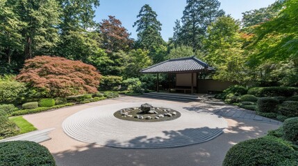 Obraz premium Serene Japanese Garden with Pavilion and Circular Stone Path
