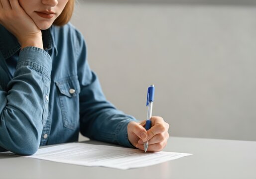 Young woman is completing admission form for college enrollment, carefully considering her choices