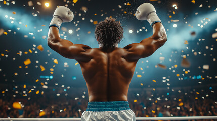 Confident Boxer Raising Fists in White Gloves Amid Confetti Celebration