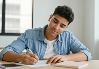 Focused student taking notes and studying for exam in classroom
