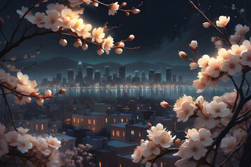 Cherry Blossoms Framing Cityscape at Night  