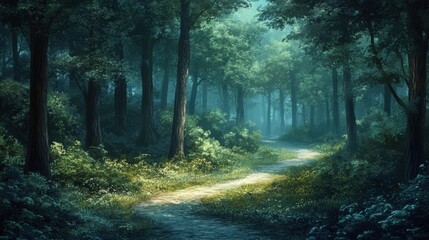 Fototapeta premium Forest path, trees, winding, calm, green.