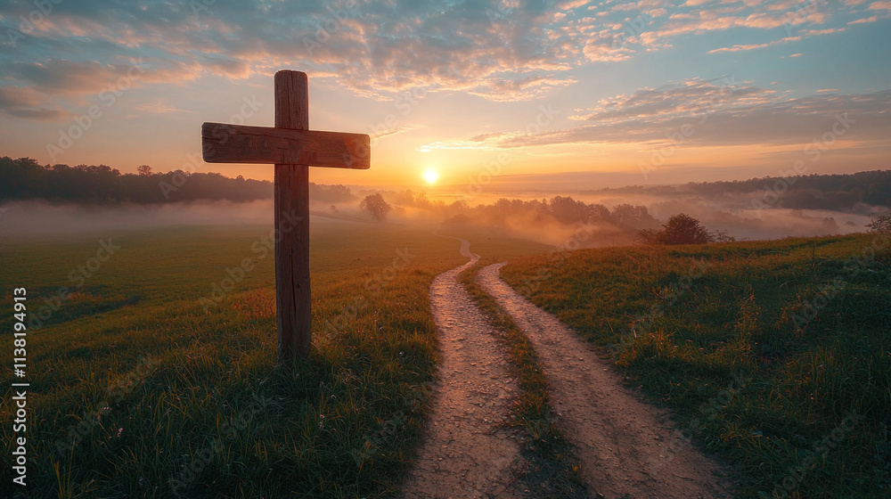 Poster a wooden cross is standing in a field with a beautiful sunset in the background