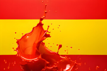 Dynamic liquid splash in red and yellow creating an abstract representation of the Spain flag.  
