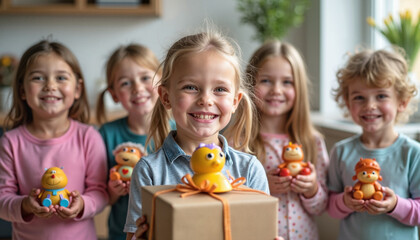 Cheerful young girls holding colorful toys and a gift box, smiling joyfully in a cozy indoor setting