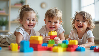 Three happy young children playing with colorful building blocks on the floor in a bright playroom
