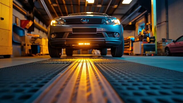 Car at garage workshop for car camber toe inspection and repair