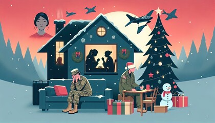 Emotional holiday scene with soldiers, family, and festive Christmas elements