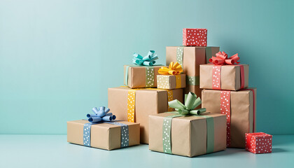 Obraz premium Colorful gift boxes arranged in a creative composition on a pastel background