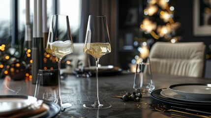 glass of champagne on christmas festive table, Generative AI,