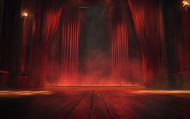 A dramatic theater stage featuring red velvet curtains, a lit wooden floor, and a smoky ambiance, with faintly visible scenes behind the curtain