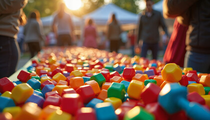 Obraz premium Colorful building blocks displayed on a table during an outdoor activity at sunset