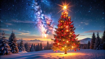 Fototapeta premium Vibrant Christmas Tree Reaching for Stars in a Joyful Night Sky