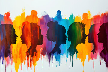 Fototapeta premium Zero Discrimination Day banner card design. Colored silhouettes of people made with brushstrokes of paint