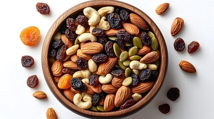 Dried Fruits and Nuts in Wooden Bowl for Healthy Nutrition Snacking on white background AI Generated