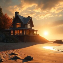 A majestic beach house, bathed in warm autumnal light, with an epic lens flare, heroic scale, and earthy coziness, rendered in a modern future style