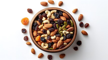 Healthy Snacking with Assorted Dried Fruits and Nuts in Wooden Bowl on white background AI Generated